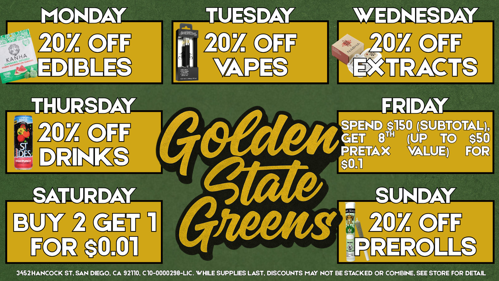 DAILY CANNABIS DEALS FOR GOLDEN STATE GREENS DISPENSARY